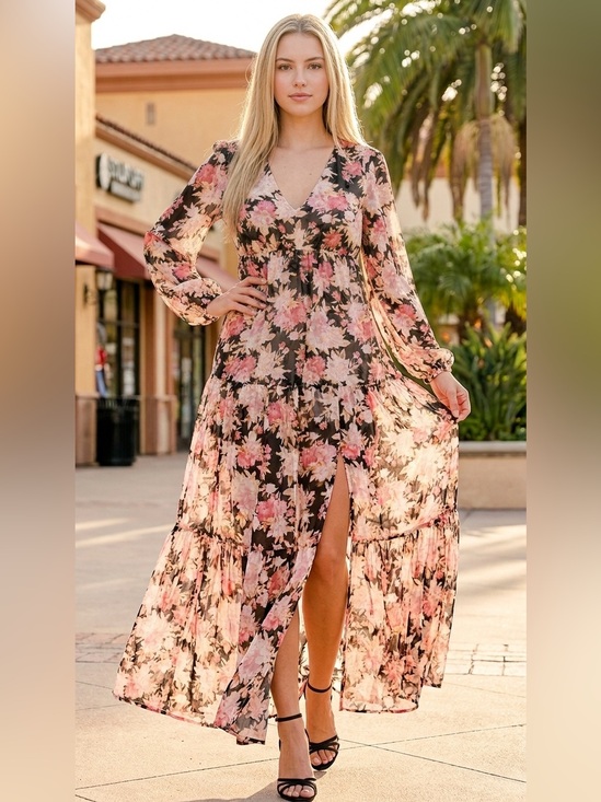 Miley & Molly Dresses & Skirts - MILEY + MOLLY Floral V-Neck Maxi Dress in Pink and Black